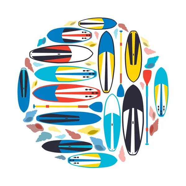 Vector illustration of stand up paddle boards and paddles set in — Stok Vektör