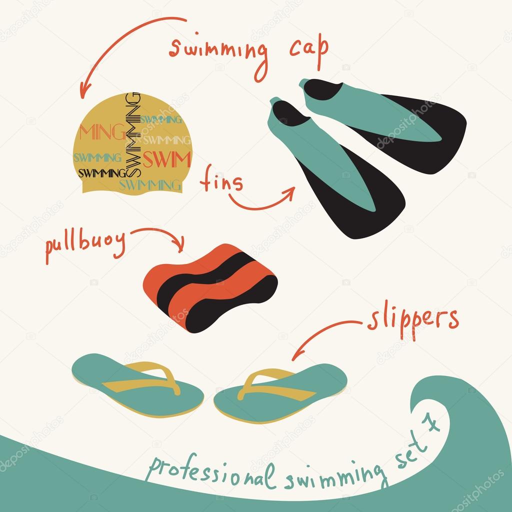 Vector illustration of professional swimming equipment set in fl Stock