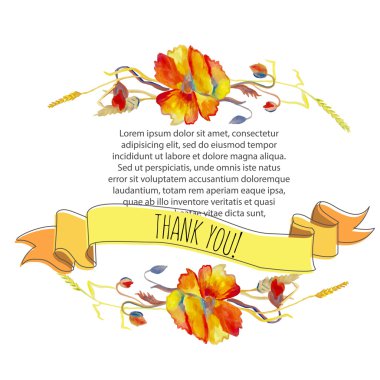 Handpainted watercolor vector illustration poppies, grass and le
