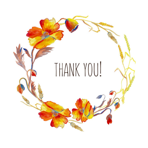 Handpainted watercolor vector illustration of poppies, grass and