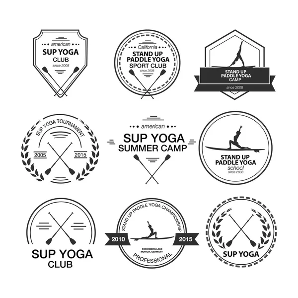 Set di diversi modelli di logotipo per stand up paddle yoga — Vettoriale Stock