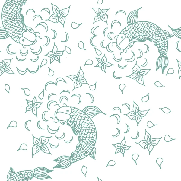 Vector seamless pattern with hand drawn fishes, flowers and wate — Stockvector