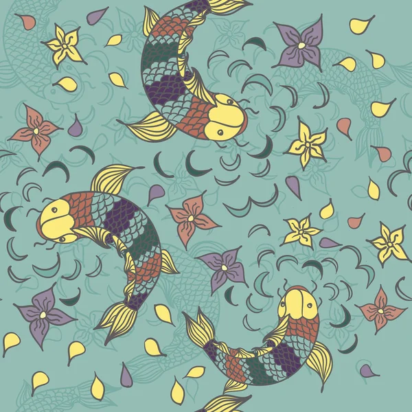 Patrón sin costura vectorial con peces dibujados a mano, flores y wate — Vector de stock