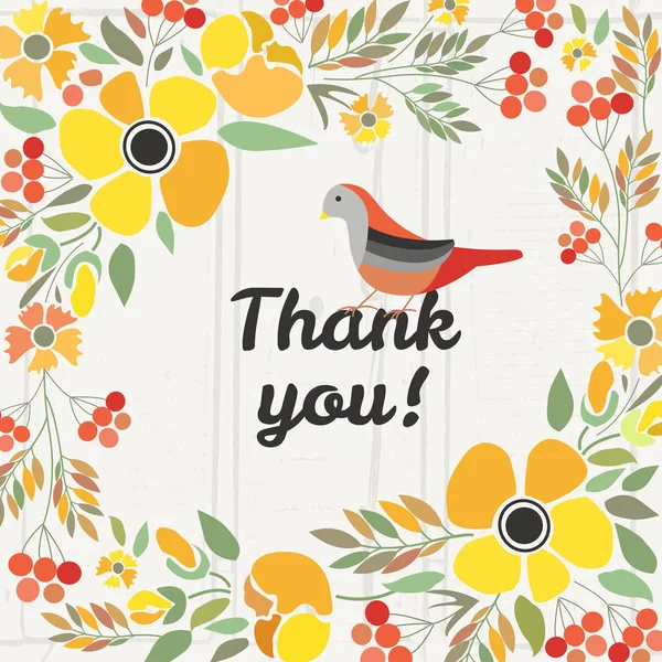 Assinatura "Obrigado" com flores vermelhas, marrom e laranja e ela — Vetor de Stock