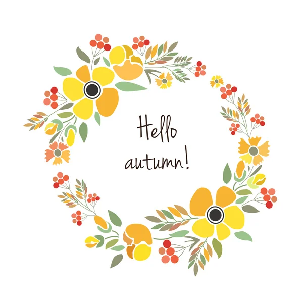 Podpis "Hello Autumn" z czerwonymi, brązowymi i pomarańczowymi kwiatami i — Wektor stockowy