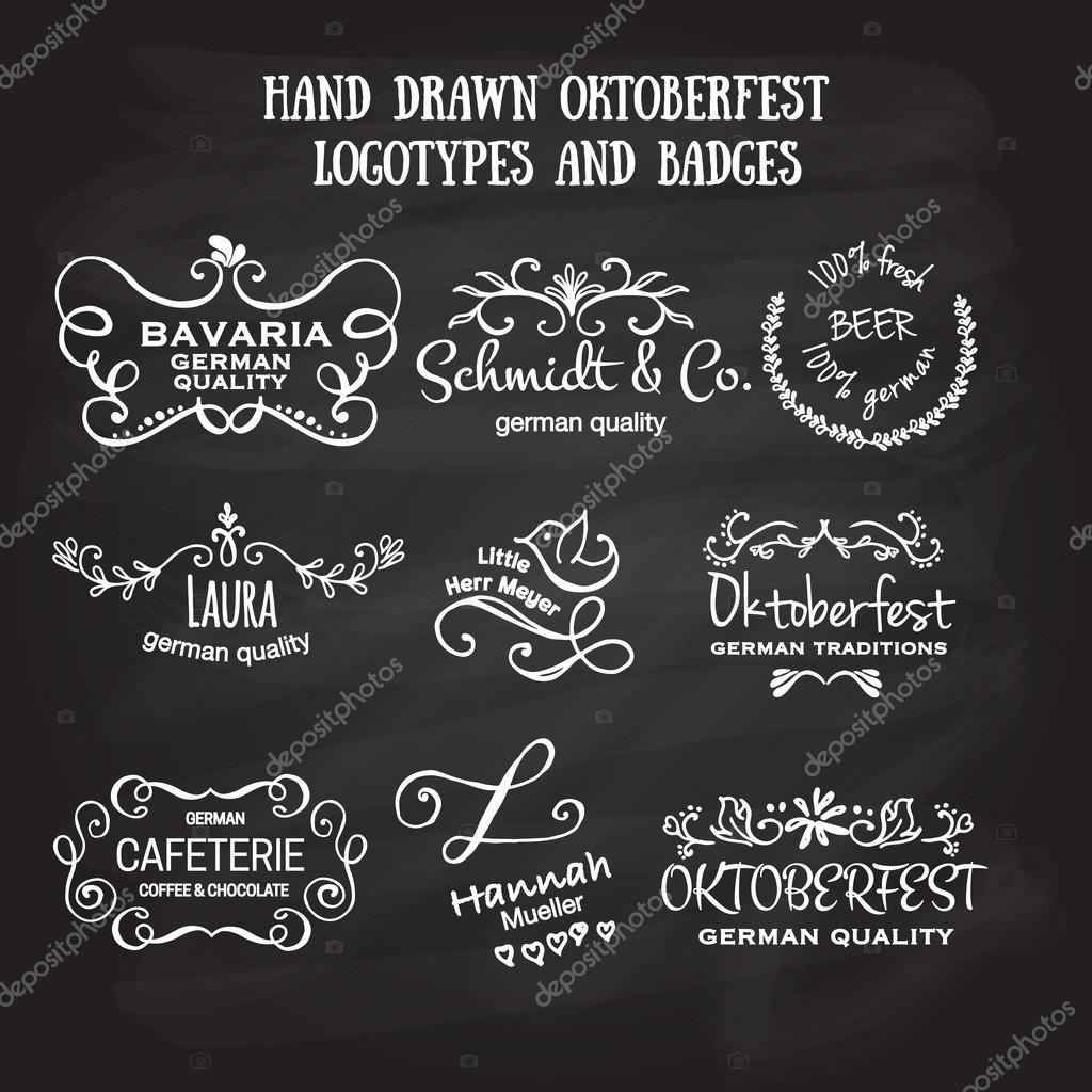 Vector collection of Oktoberfest hand drawn logo templates. German brew house, beer, dessert, jewelry, bakery logotypes. Vintage badges and icons. Hand sketched modern icons. Oktoberfest labels.