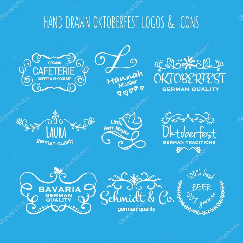 Vector collection of Oktoberfest hand drawn logo templates. German brew house, beer, dessert, jewelry, bakery logotypes. Vintage badges and icons. Hand sketched modern icons. Oktoberfest labels.