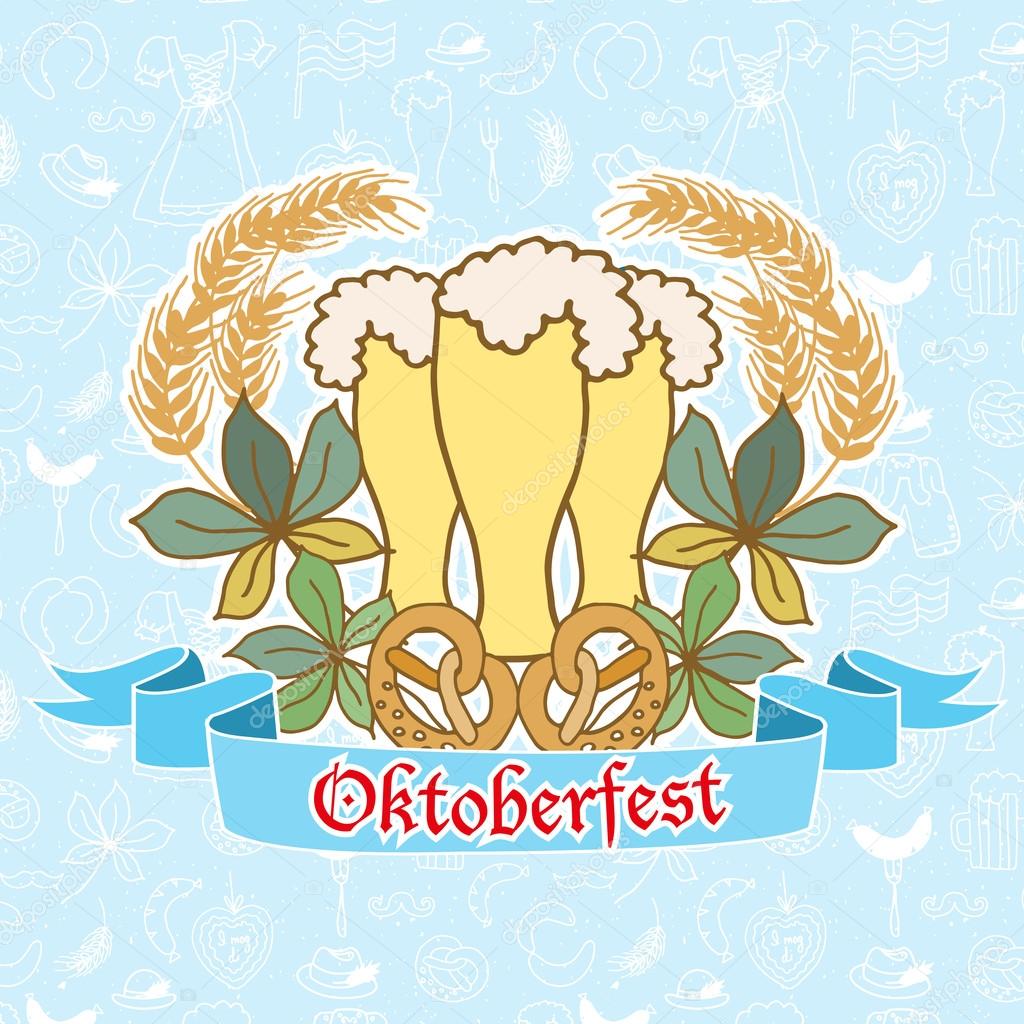 Vector illustration of Oktoberfest logo template with coat of arms. German festival blazon logotype. Vintage badge and icon. Hand sketched modern icons. Oktoberfest label.