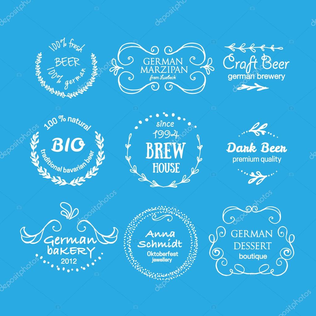 Vector collection of Oktoberfest hand drawn logo templates. German brew house, beer, dessert, jewelry, bakery logotypes. Vintage badges and icons. Hand sketched modern icons. Oktoberfest labels.