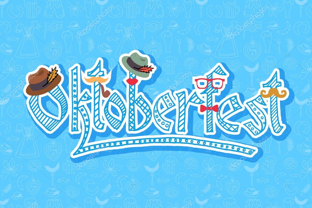 Vector illustration of hipster Oktoberfest elements set. Oktoberfest design on textured background. Lettering with objects. Hand sketched Oktoberfest icon. Hand drawn beer festival decoration badge.