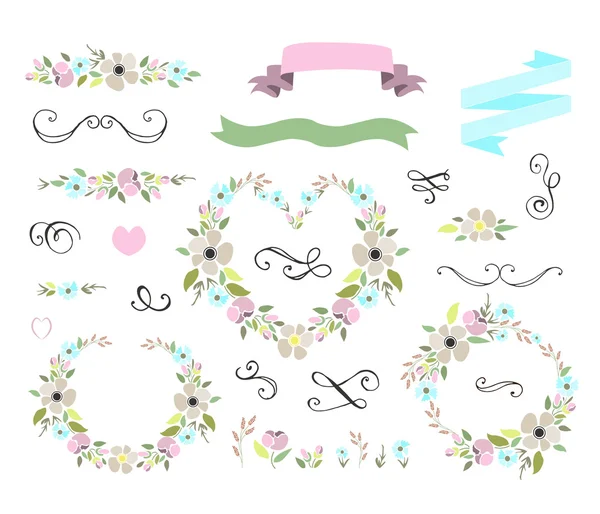 Conjunto gráfico de boda floral con coronas — Vector de stock