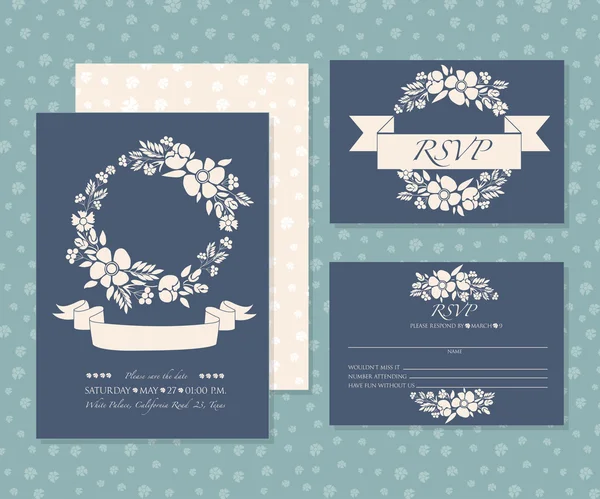 Conjunto de tarjetas de invitación con motivos de flores de paster — Vector de stock