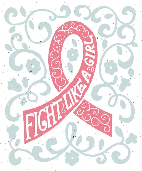 Pink ribbon with hand drawn typography poster — Stock vektor