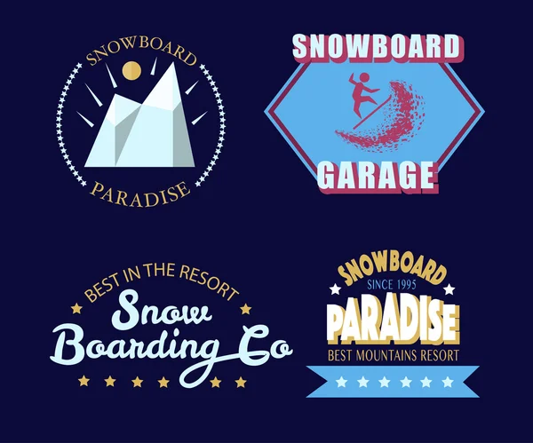 Icono de tipografía de snowboard, logotipo y juego de insignias — Vector de stock