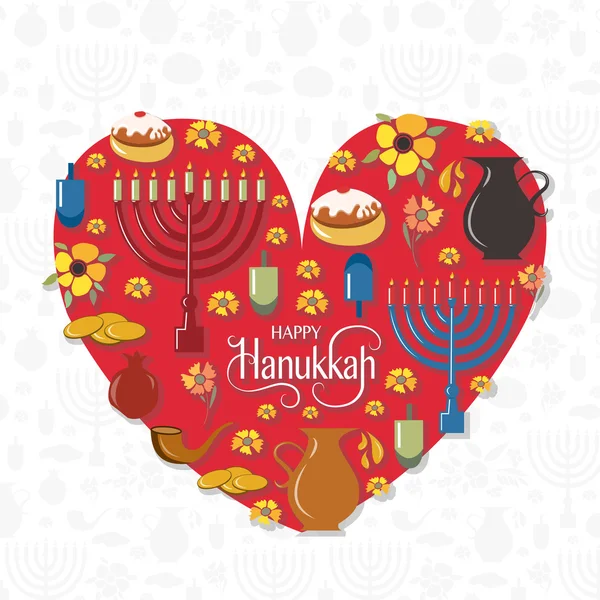 Cuore con logo, distintivo e icona Happy Hanukkah abbozzati a mano — Vettoriale Stock