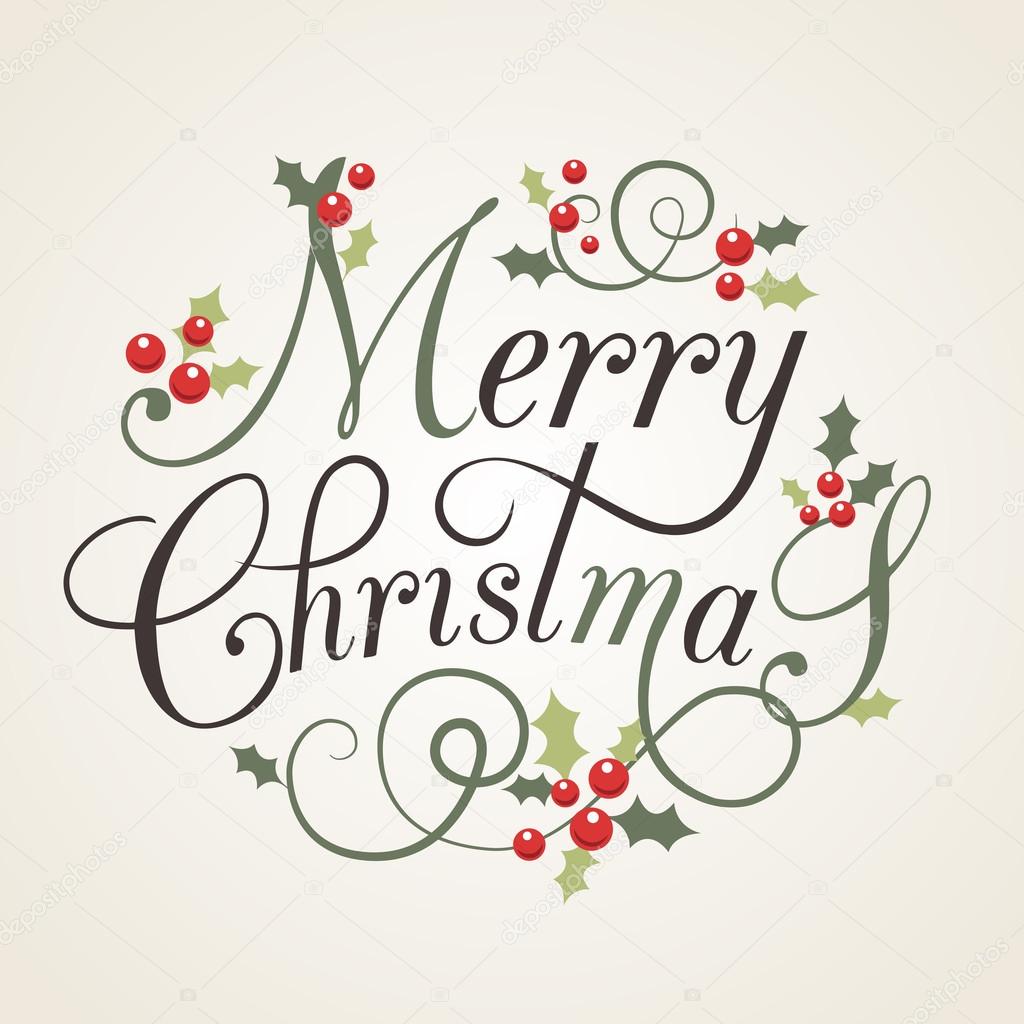 Flat design stlye Christmas Card with holly leaves and berries. Lettering  'Merry Christmas' with berries and herbs. Inspirational vector typography. Christmas template. Merry Christmas flyer, banner or postcard