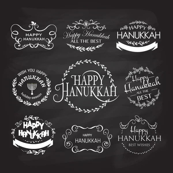 Logotipo feliz Hanukkah, distintivo e ícone tipografia conjunto — Vetor de Stock