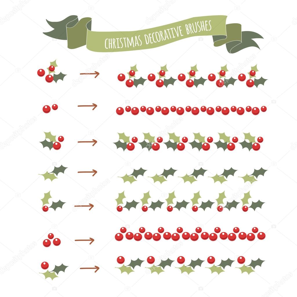 Hand sketched Happy New Year holly leaves pattern brushes. Merry Christmas decorative winter brushes. Happy New Year card decoration template. Happy New Year banner, flyer decor