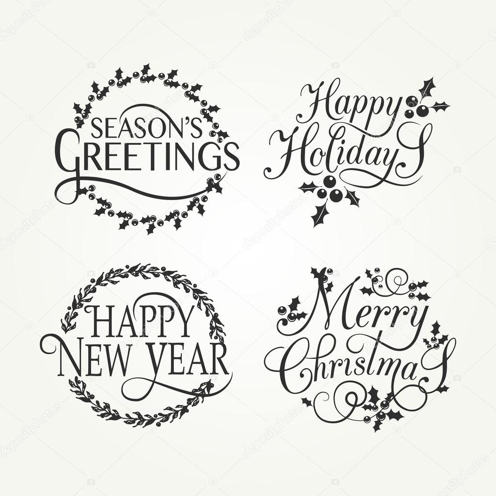 Hand sketched Happy Holidays badge and icon set. Happy New Year logo template. Merry Christmas card template. Season's Greetings banner, flyer