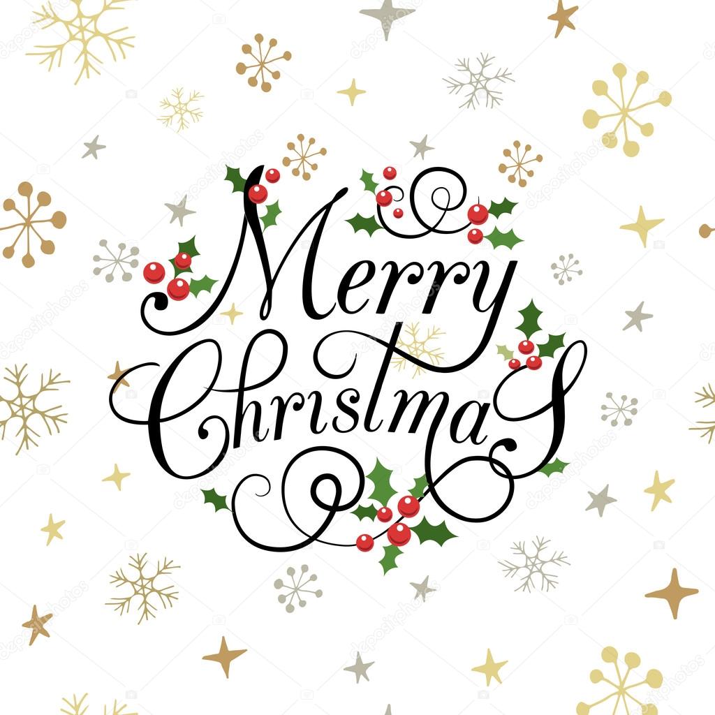 Flat design stlye Christmas Card with holly leaves and berries. Lettering  'Merry Christmas' with berries and herbs. Inspirational vector typography. Christmas template. Merry Christmas flyer, banner or postcard