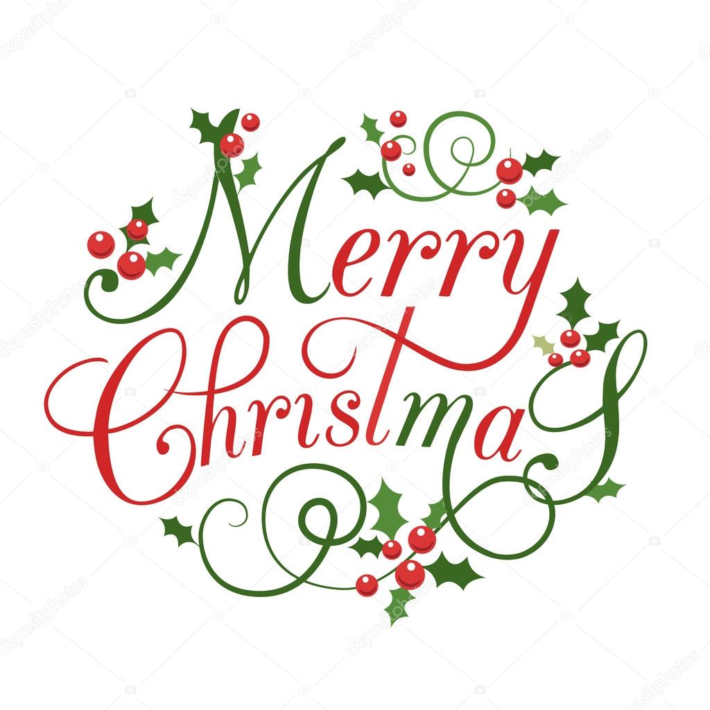 Flat design stlye Christmas Card with holly leaves and berries. Lettering  'Merry Christmas' with berries and herbs. Inspirational vector typography. Christmas template. Merry Christmas flyer, banner or postcard