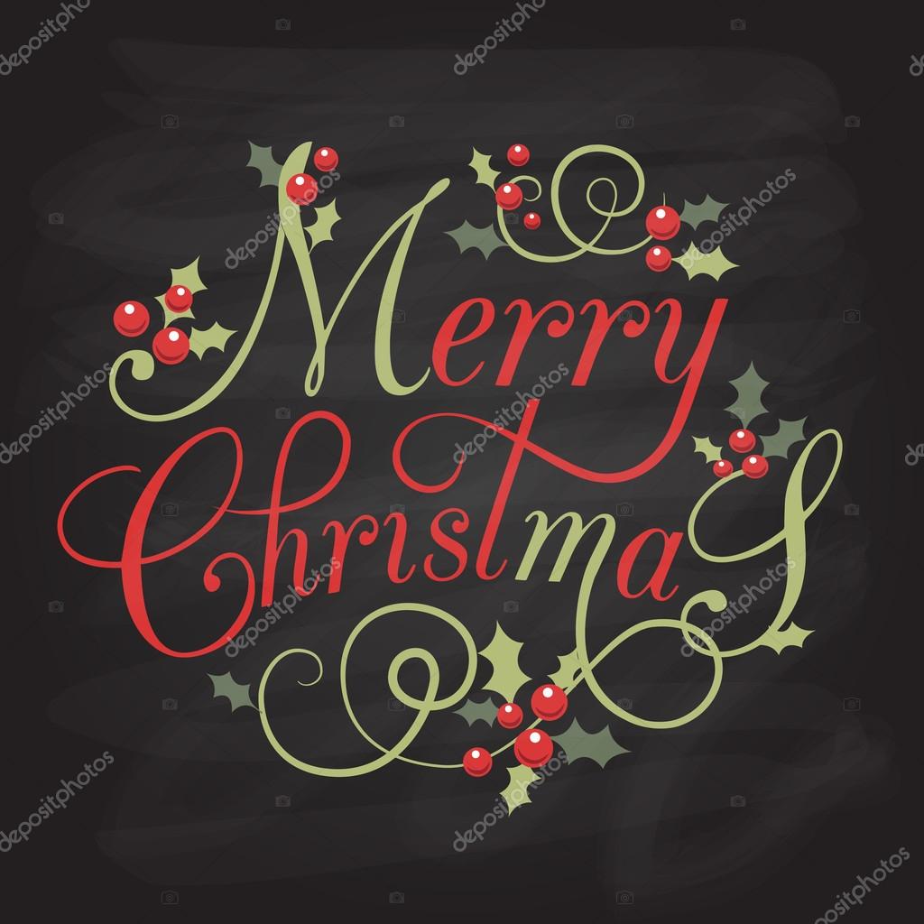Flat design stlye Christmas Card with holly leaves and berries. Lettering  'Merry Christmas' with berries and herbs. Inspirational vector typography. Christmas template. Merry Christmas flyer, banner or postcard