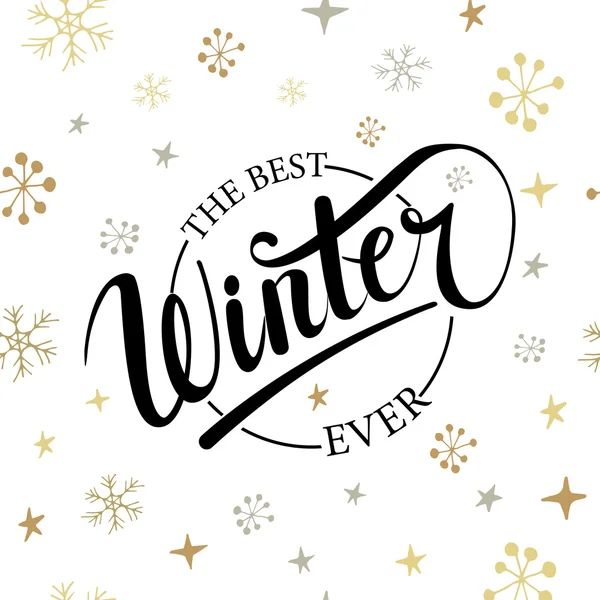 Το καλύτερο χειμώνα ποτέ χέρι γραπτό κείμενο. Χειμώνα φόντο με νιφάδες χιονιού. — Διανυσματικό Αρχείο