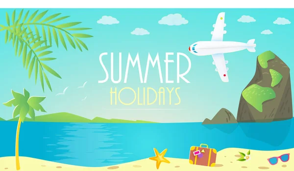 Vacaciones Verano Playa Mar Cielo Plano Sobre Hermoso Fondo Ilustración — Vector de stock