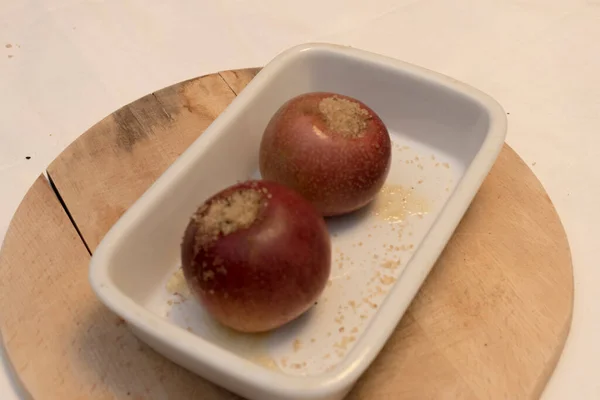 Quatro Maçãs Italianas Chocolates Nozes Canela Receita Para Preparar Doce — Fotografia de Stock