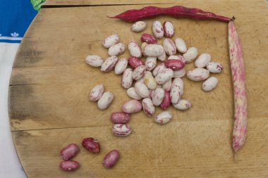 Borlotti fasulyeleri ahşap kesme tahtasına soyulmuş. Beyaz, kırmızı fasulye, benekli, çıplak. Ahşap kapsüller ve çapraz masa örtüsü. İtalyan kısa makarna malzemeleri. Fasulyeli makarna.