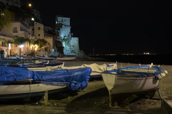 Cetara Wybrzeże Amalfi Widok Plażę Widok Morze Frontowe Domy Nocne — Zdjęcie stockowe