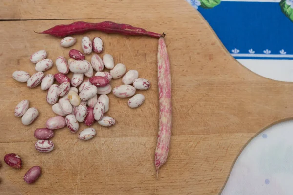 Borlotti fasulyeleri ahşap kesme tahtasına soyulmuş. Beyaz, kırmızı fasulye, benekli, çıplak. Ahşap kapsüller ve çapraz masa örtüsü. İtalyan kısa makarna malzemeleri. Fasulyeli makarna.