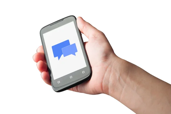 Hand hält ein mobiles Smartphone mit einer neuen Nachricht auf einem Bildschirm. isoliert — Stockfoto