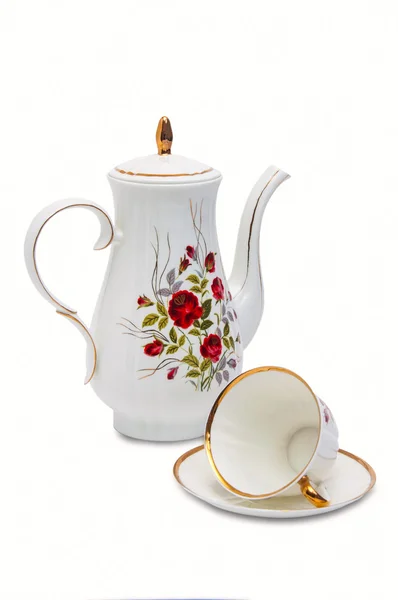 Kahve pot ve Kupası beyaz izole tabak kaşık ile