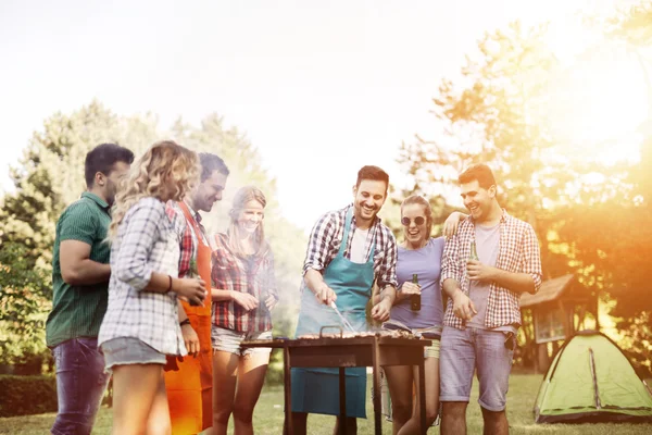 Kamp ve bir Barbekü partisi arkadaşlar — Stok fotoğraf