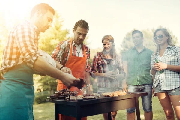 Venner der holder grillfest i naturen - Stock-foto