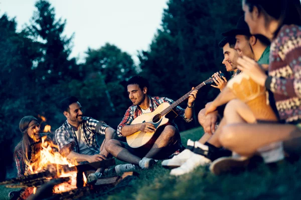 Arkadaşlar kamp ateşi yakın müzik keyfi — Stok fotoğraf