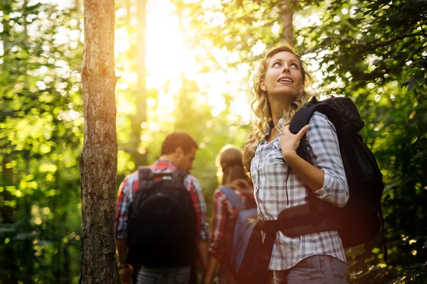 Grupo de pessoas caminhando na floresta — Fotografia de Stock