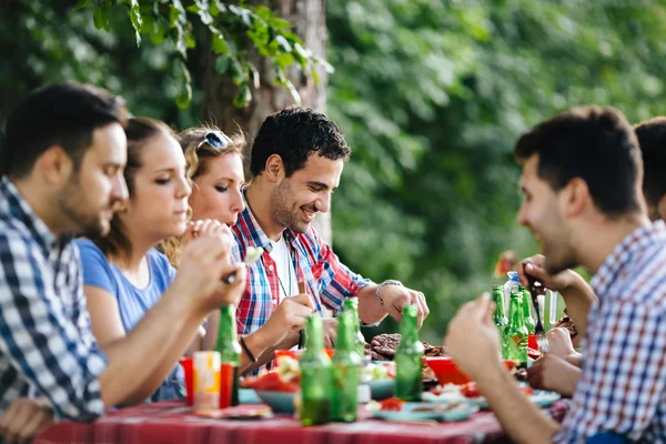Přátelé jíst venku a baví — Stock fotografie
