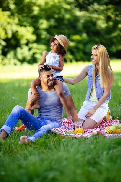 Όμορφη χαρούμενη οικογένεια απολαμβάνει πικ-νικ — Φωτογραφία Αρχείου