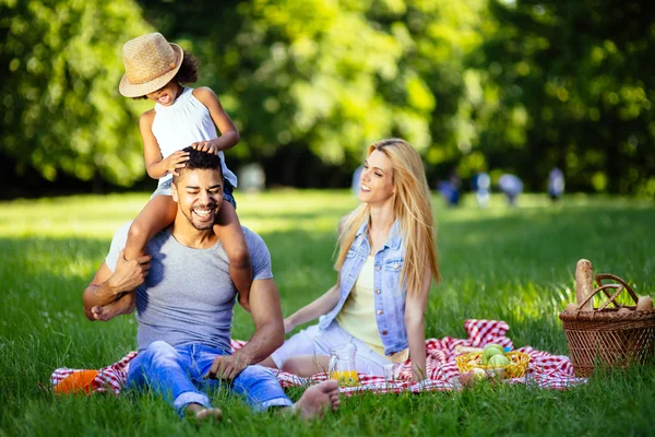 Hermosa familia alegre disfrutando de picnic —  Fotos de Stock