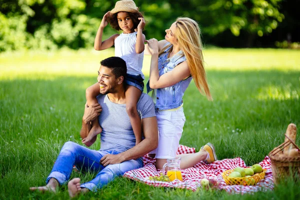 Piękny wesoły piknik rodzinny korzystających — Zdjęcie stockowe