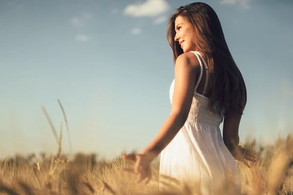 Mujer romántica en campos de cebada — Foto de Stock