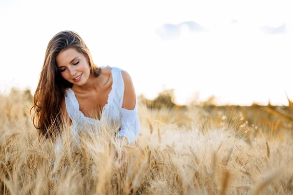 Beautiful woman and barley fields — Stock Photo, Image