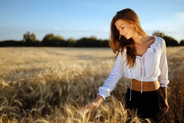 Romantic woman in fields of barley — Stock Photo, Image