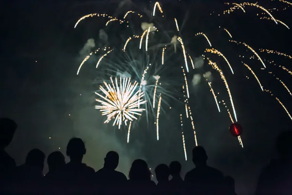 Foule regardant des feux d'artifice — Photo