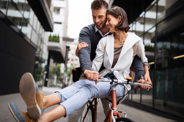 Portrait Happy Young Couple Love Riding Bicycle Having Fun Together — Stock Photo, Image