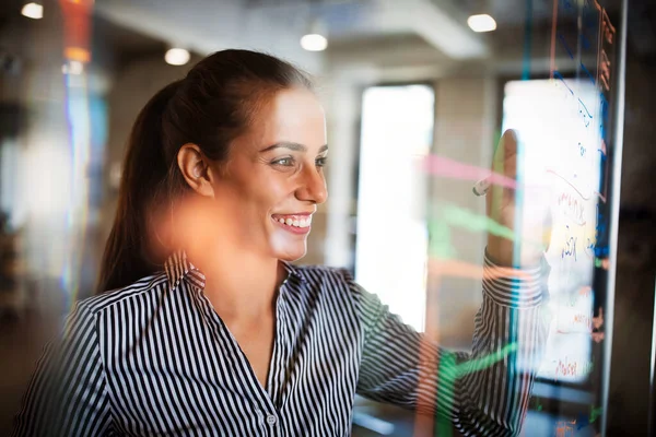 Réfléchis Nouvelles Idées Femme Heureuse Travail Remue Méninges Bureau — Photo