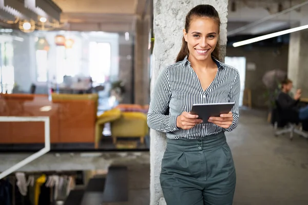 Portrait Happy Confident Business Woman Digital Tablet Office — Stock Photo, Image