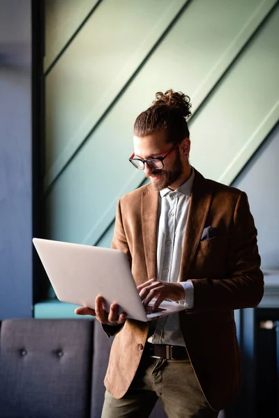 Successful Young Handsome Businessman Typing Laptop Workplace — Stock Photo, Image